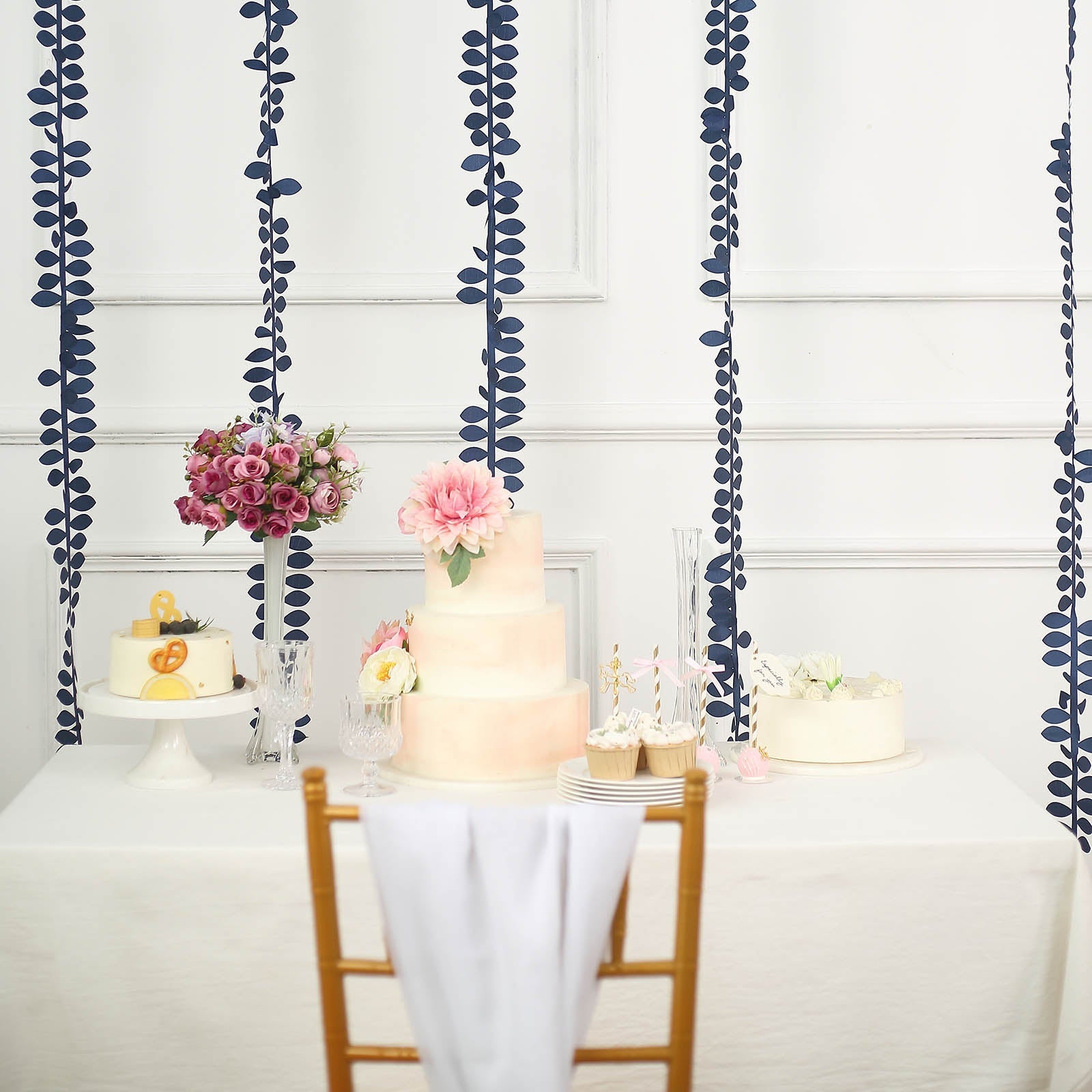 Navy blue leaf petal taffeta ribbon sash garlands for decoration.