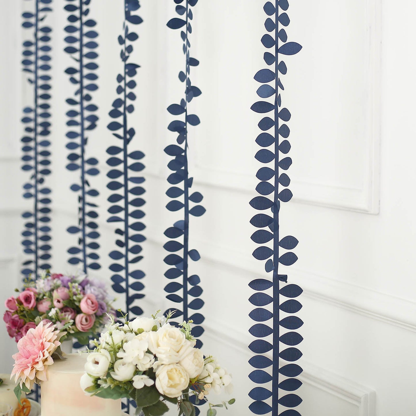 Navy blue leaf petal taffeta ribbon sash garland for DIY decor.