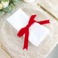 Red velvet ribbon tied around a white napkin on a decorative plate.