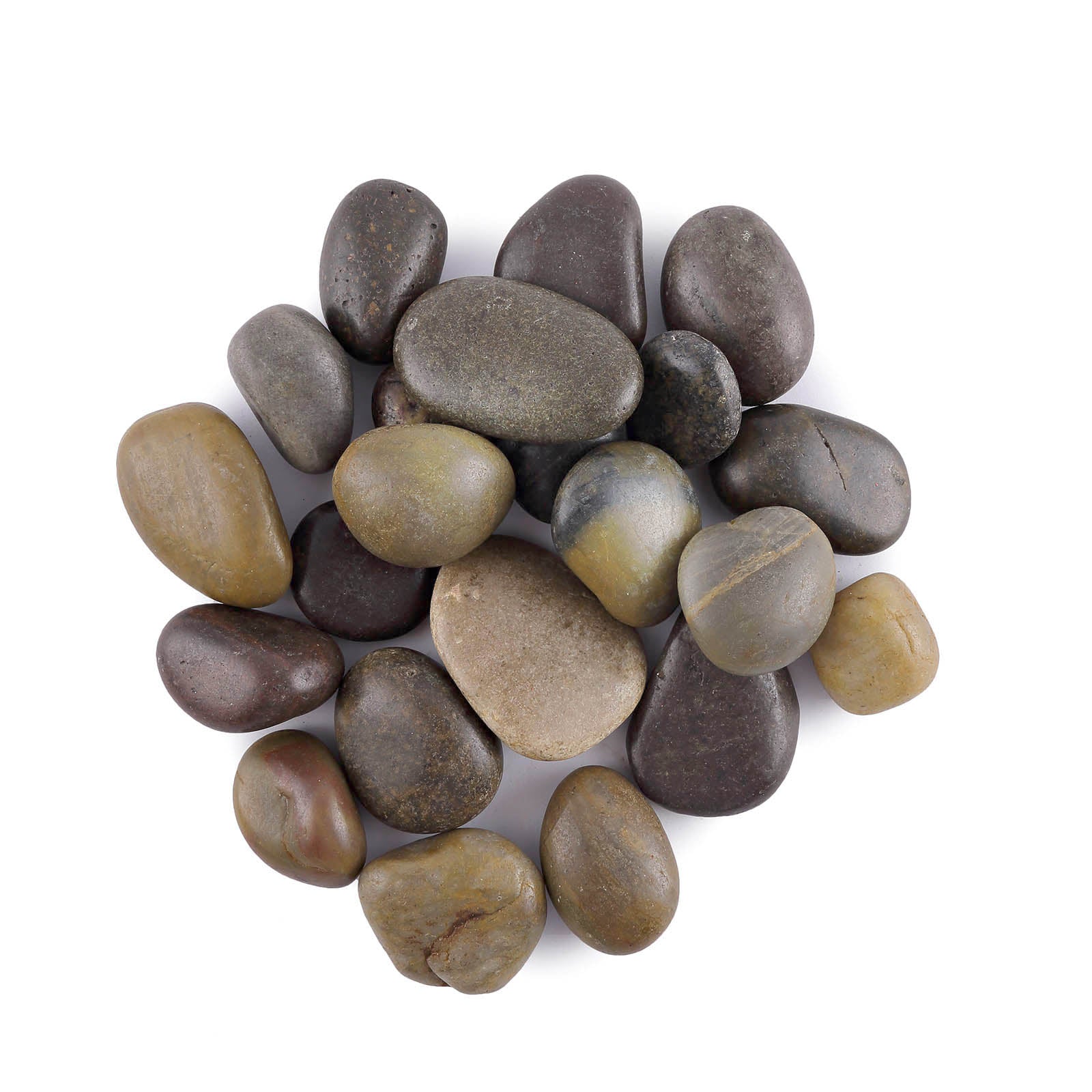 Assorted natural polished decorative stones for vases and landscaping, in earthy tones.