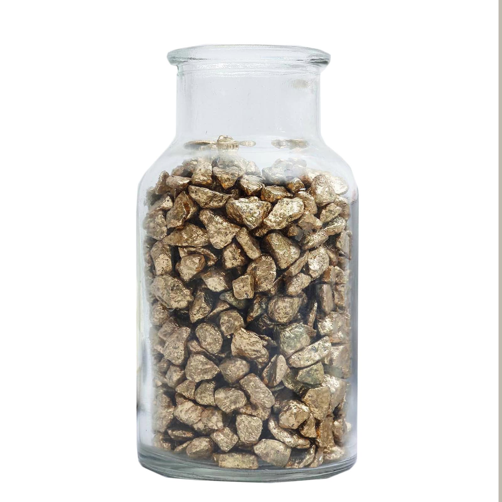 Metallic gold decorative crushed gravel in a glass jar.