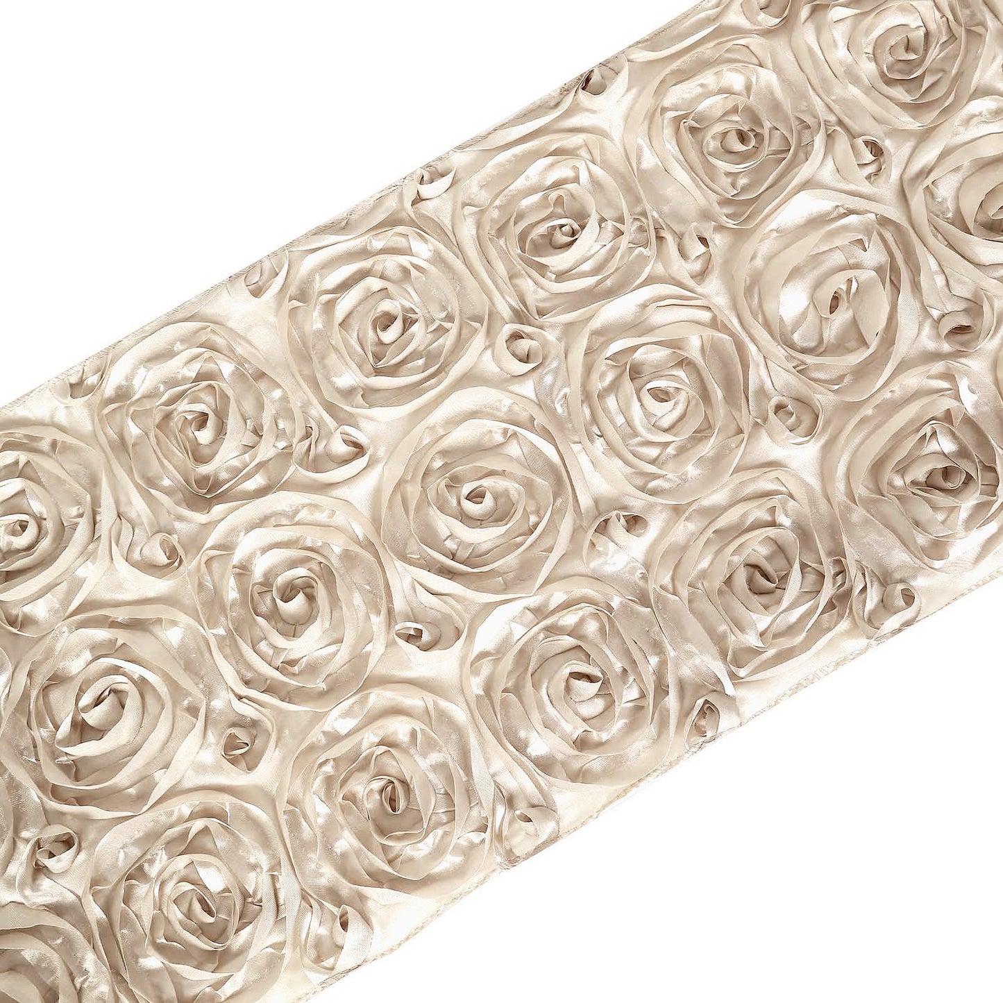 14 Inch X 108 Inch Beige Satin Table Runner With Grandiose 3D Rosette Design