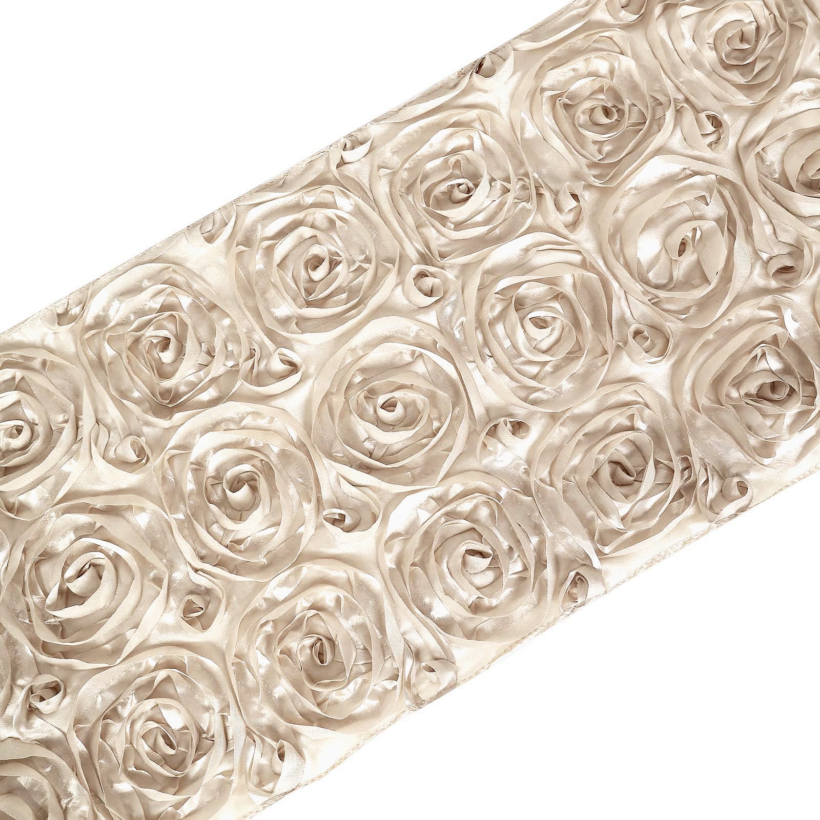 14 Inch X 108 Inch Beige Satin Table Runner With Grandiose 3D Rosette Design