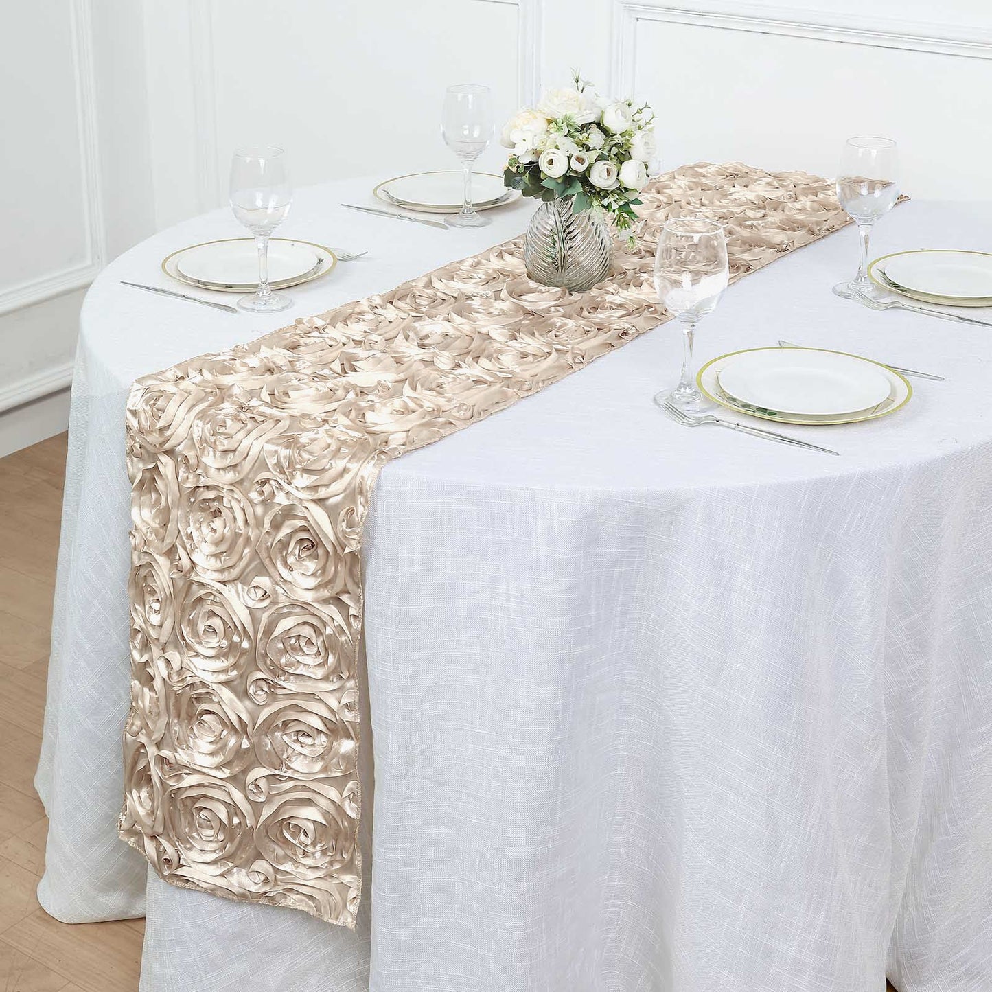 14 Inch X 108 Inch Satin Beige Table Runner With Grandiose 3D Rosette Design 