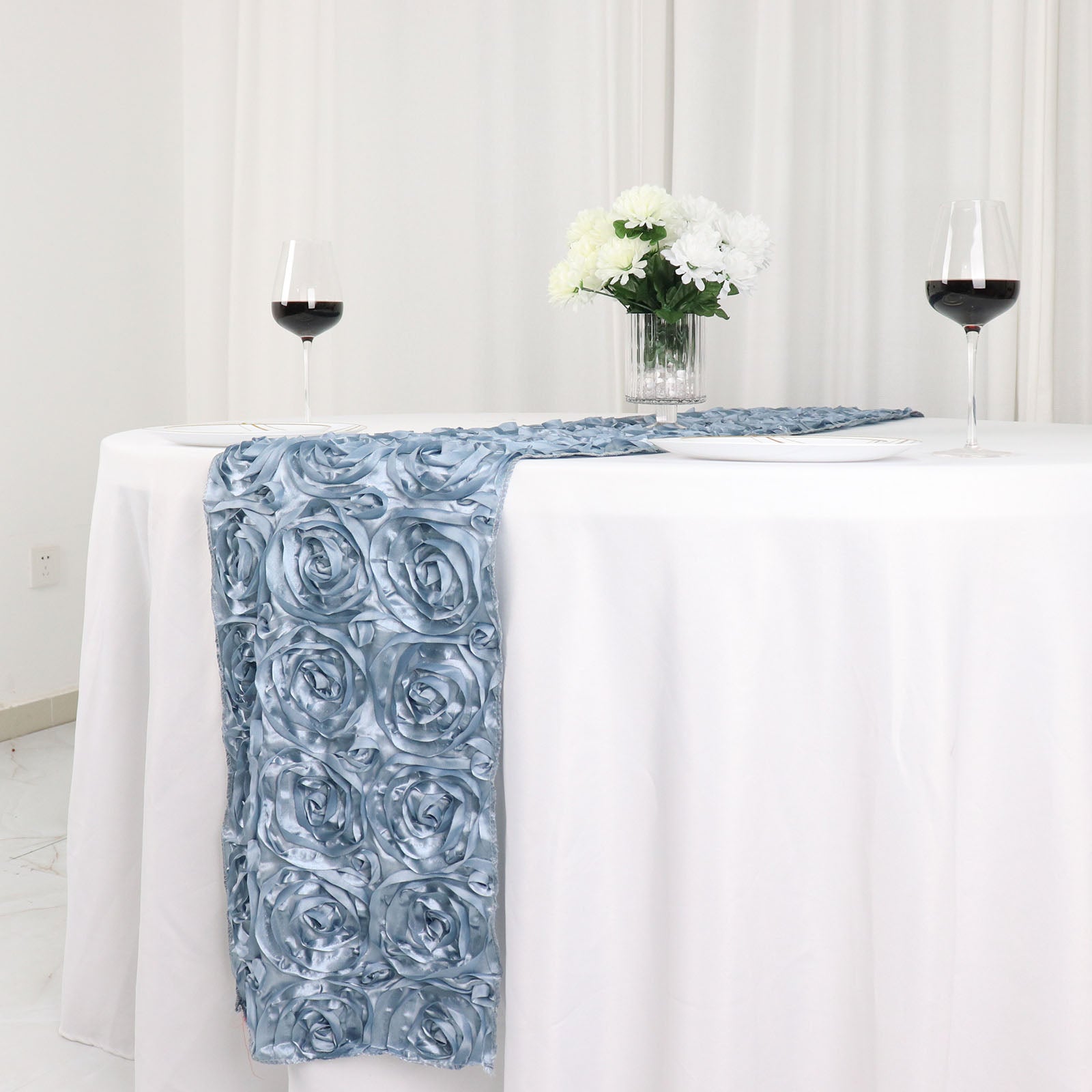 Grandiose 3D Rosette Table Runner in Dusty Blue 14 Inch x 108 Inch