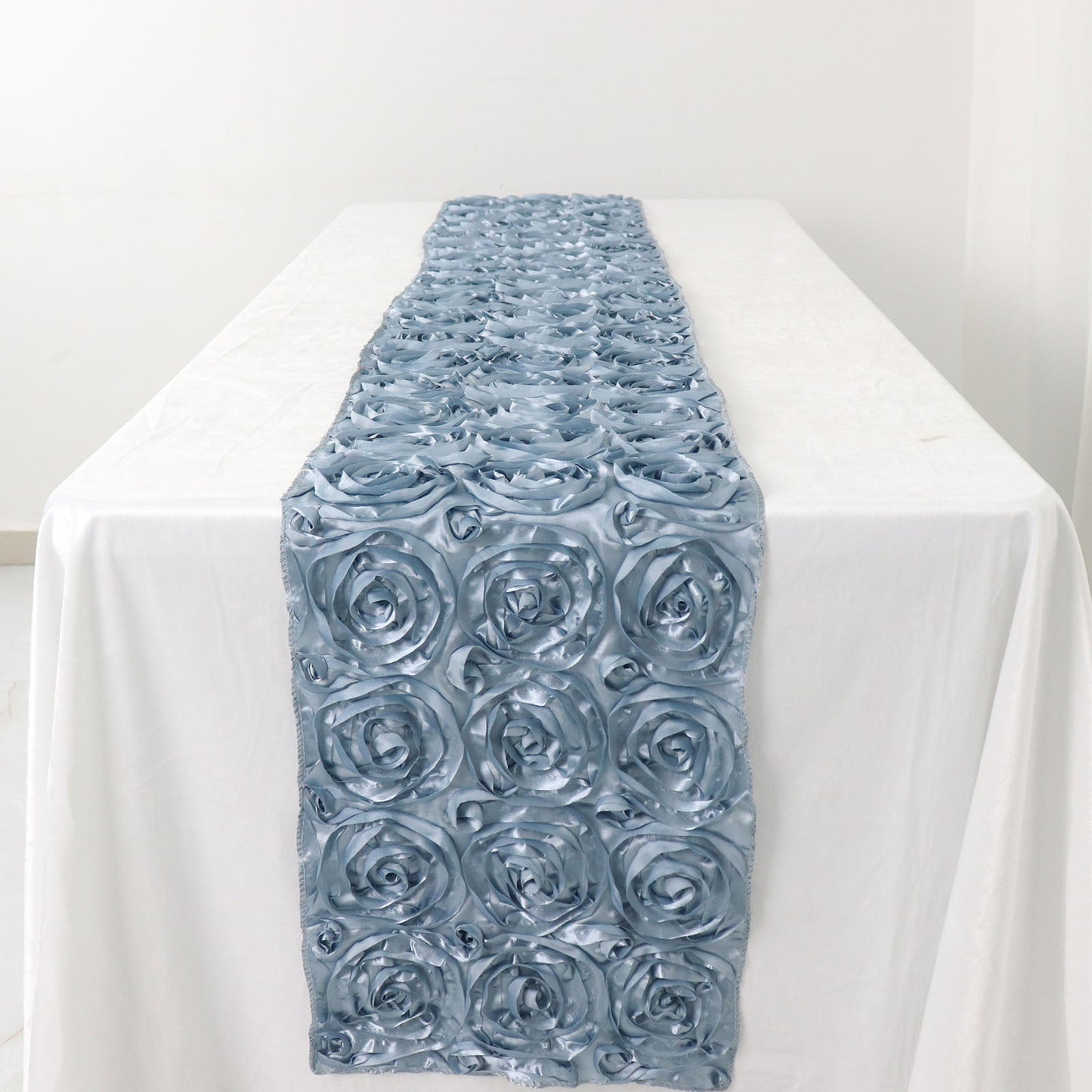 14"x108" Dusty Blue Grandiose 3D Rosette Satin Table Runner