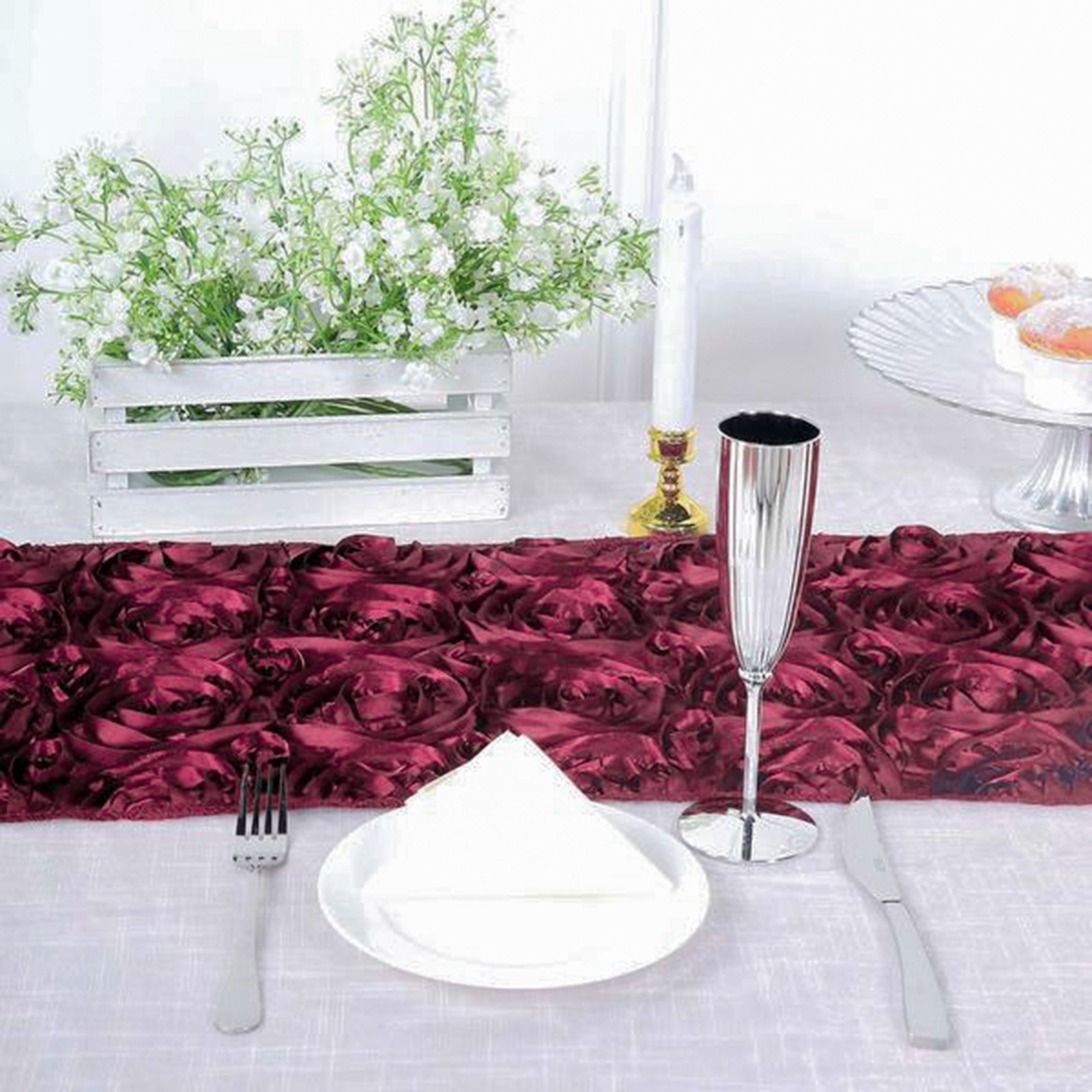 3D Grandiose Rosette Burgundy Satin Table Runner 14 Inch x 108 Inch 