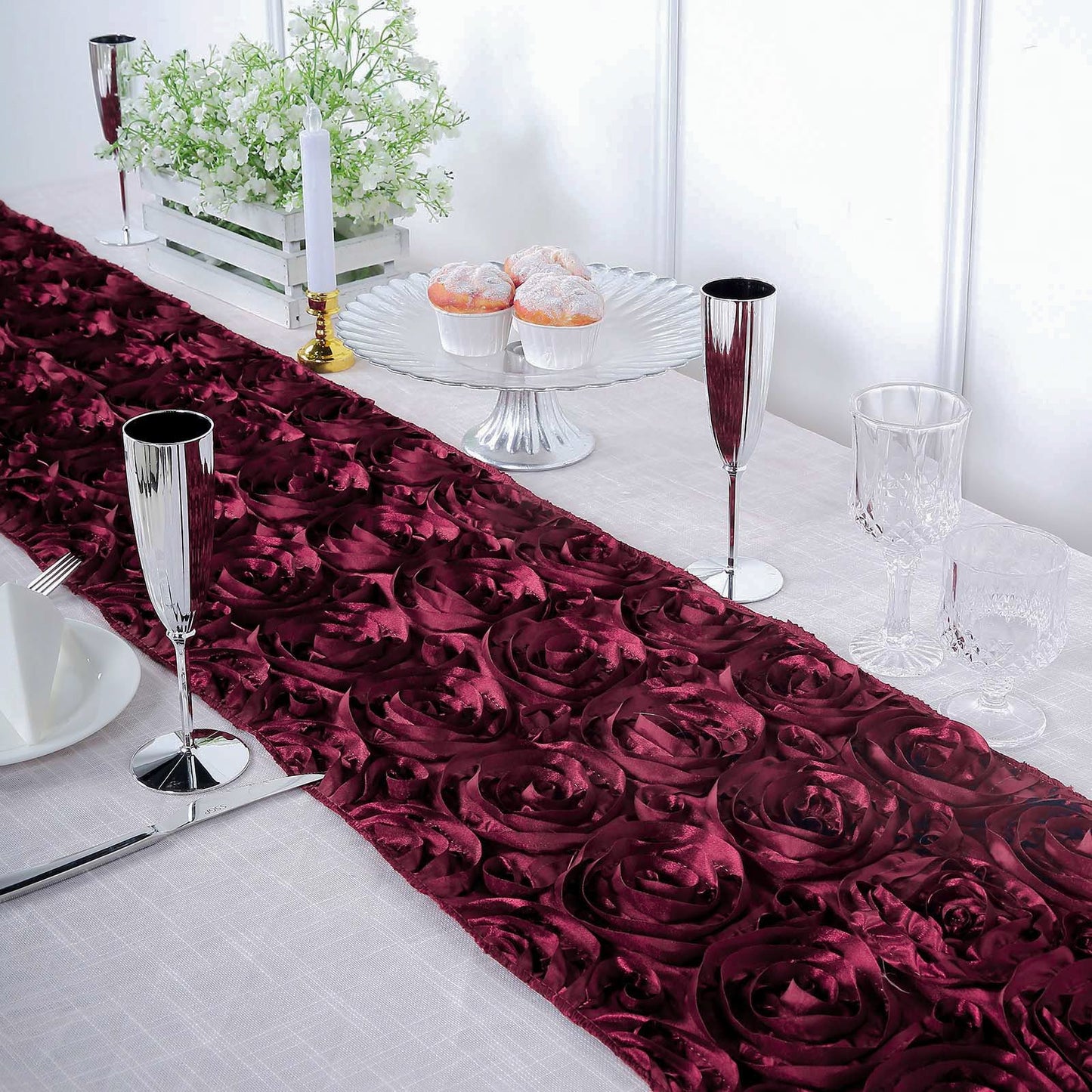 14"x108" Burgundy Grandiose 3D Rosette Satin Table Runner