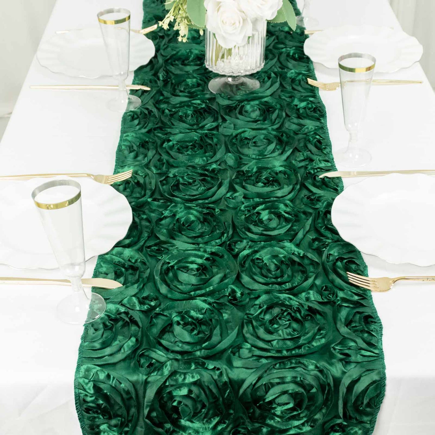 Satin Hunter Emerald Table Runner 3D Rosette 14X108 Inch
