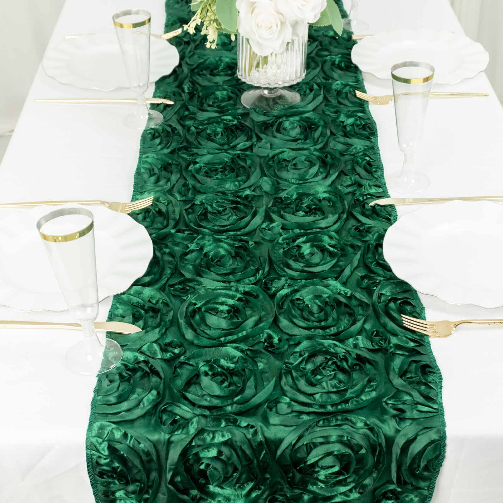 Satin Hunter Emerald Table Runner 3D Rosette 14X108 Inch