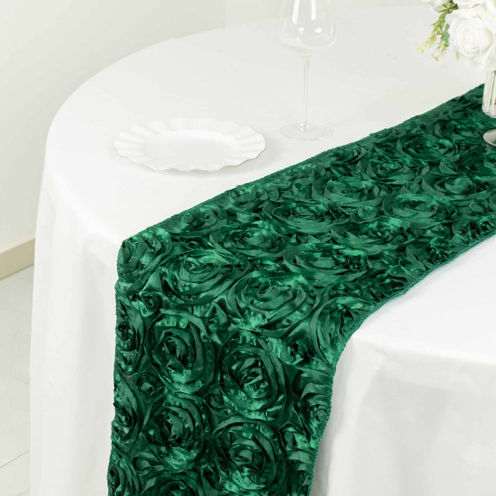 3D Rosette Hunter Emerald Table Runner 14X108 Inch Satin