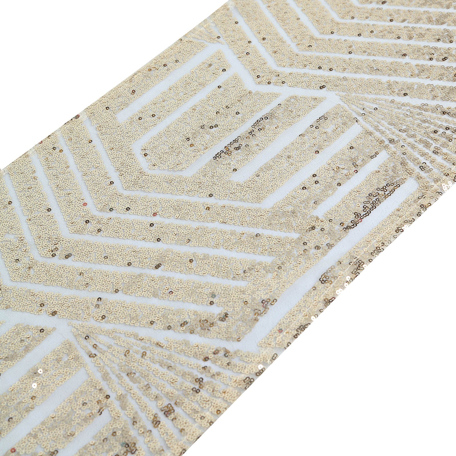 Champagne sequin table runner with diamond glitz pattern.