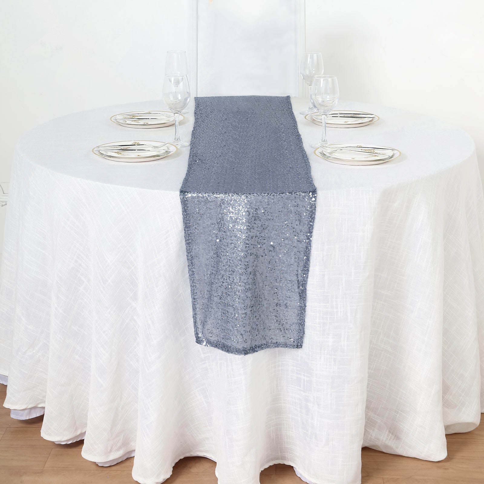 12x108 10pk 12x108 Dusty Blue Sequin Table Runner | TCFLinen