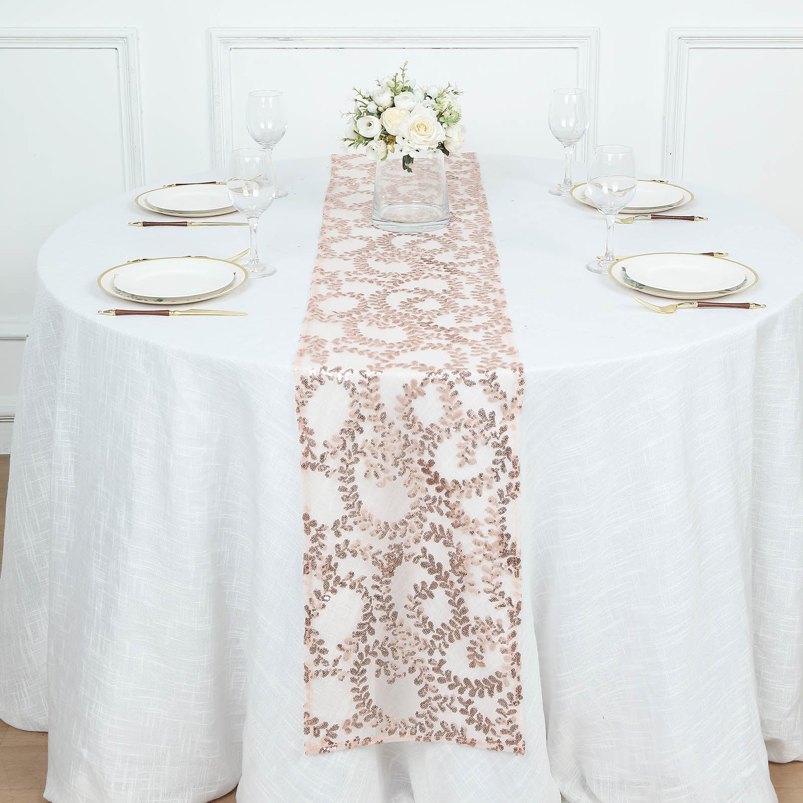 12x108inch Blush Rose Gold Leaf Vine Embroidered Sequin Mesh Like Table Runner