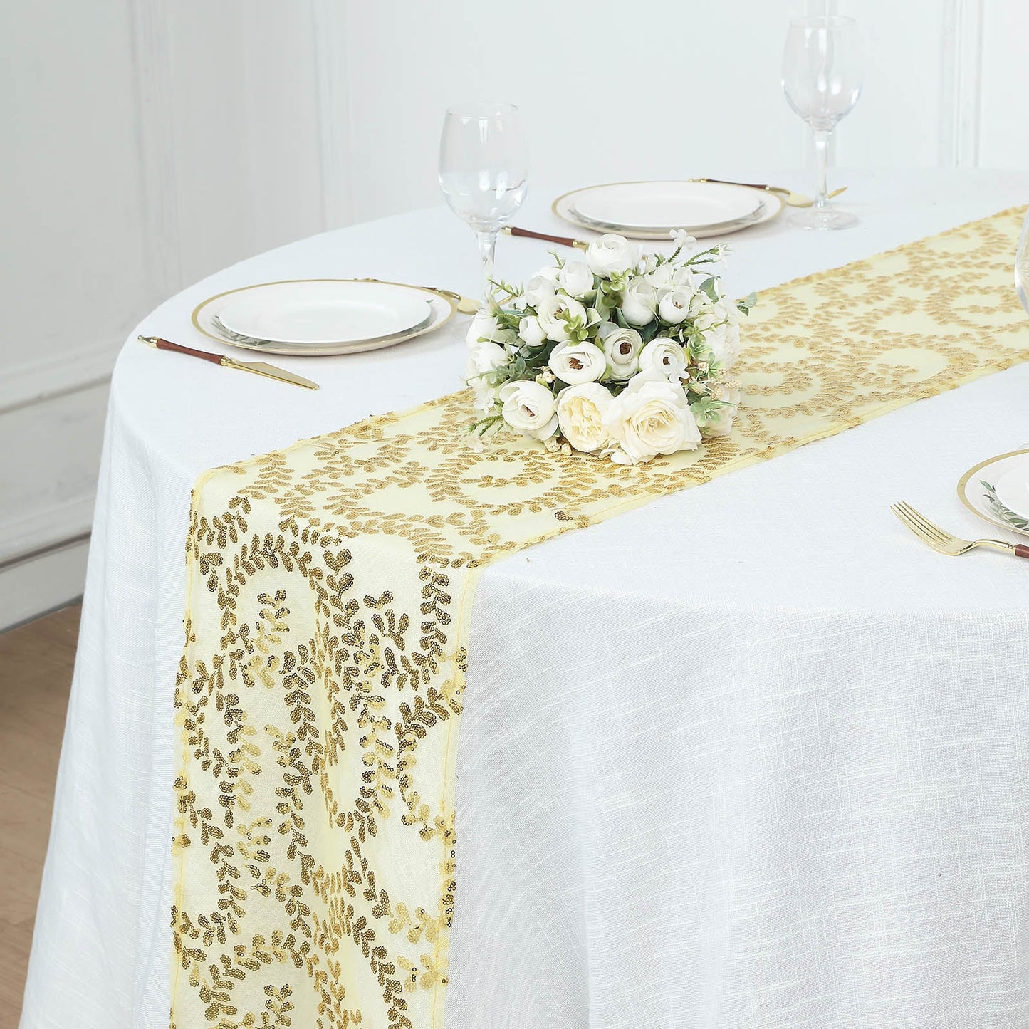 12x108inch Gold Leaf Vine Embroidered Sequin Mesh Like Table Runner