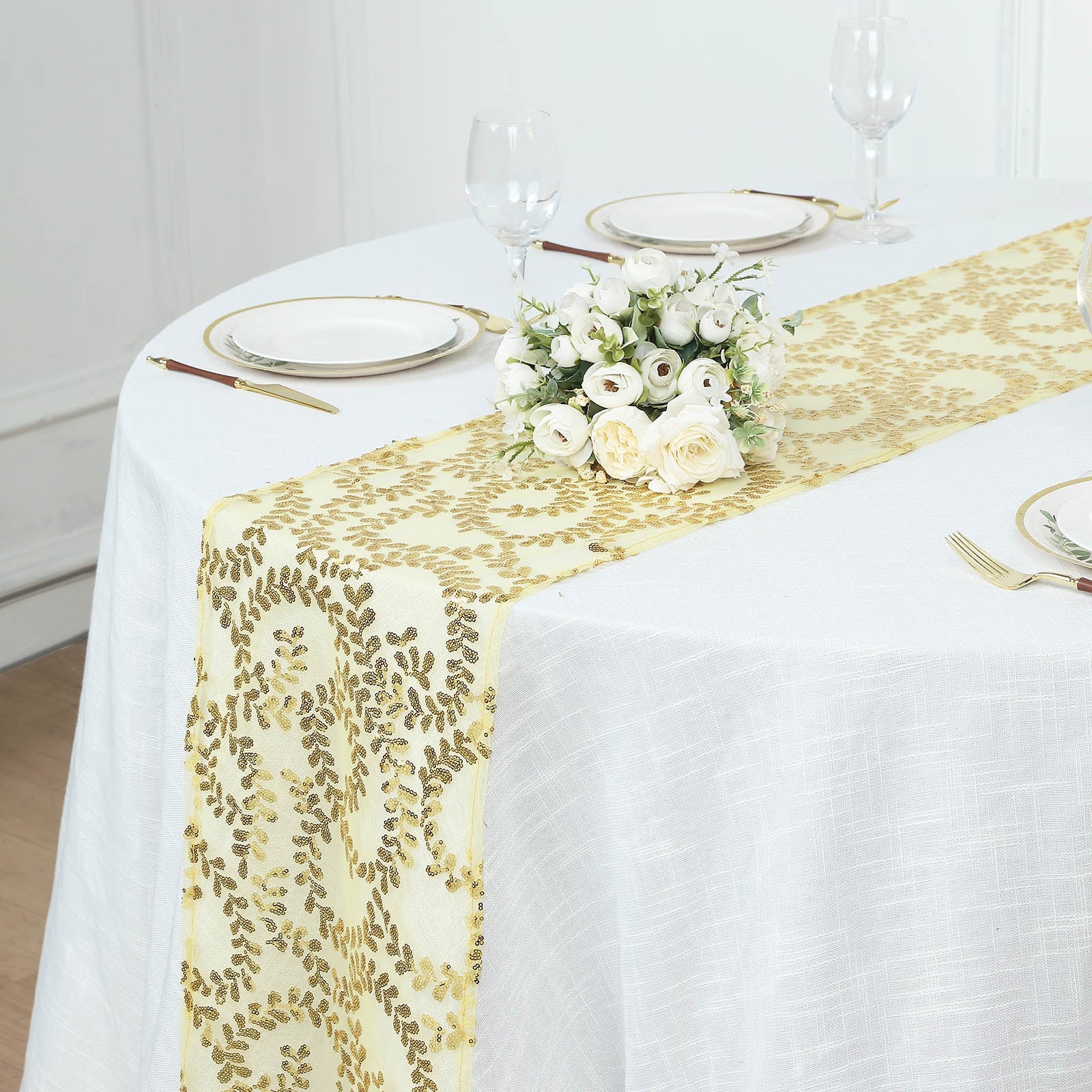 12x108inch Gold Leaf Vine Embroidered Sequin Mesh Like Table Runner