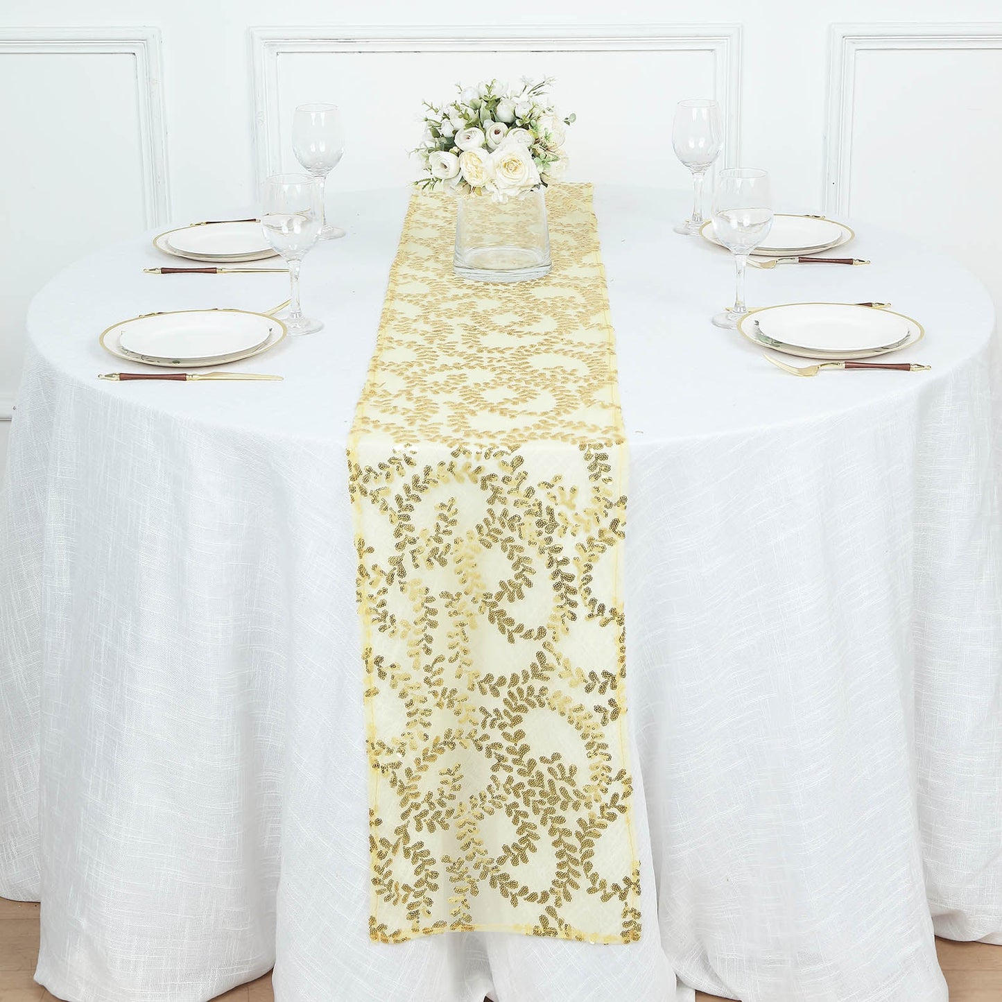 12x108inch Gold Leaf Vine Embroidered Sequin Mesh Like Table Runner