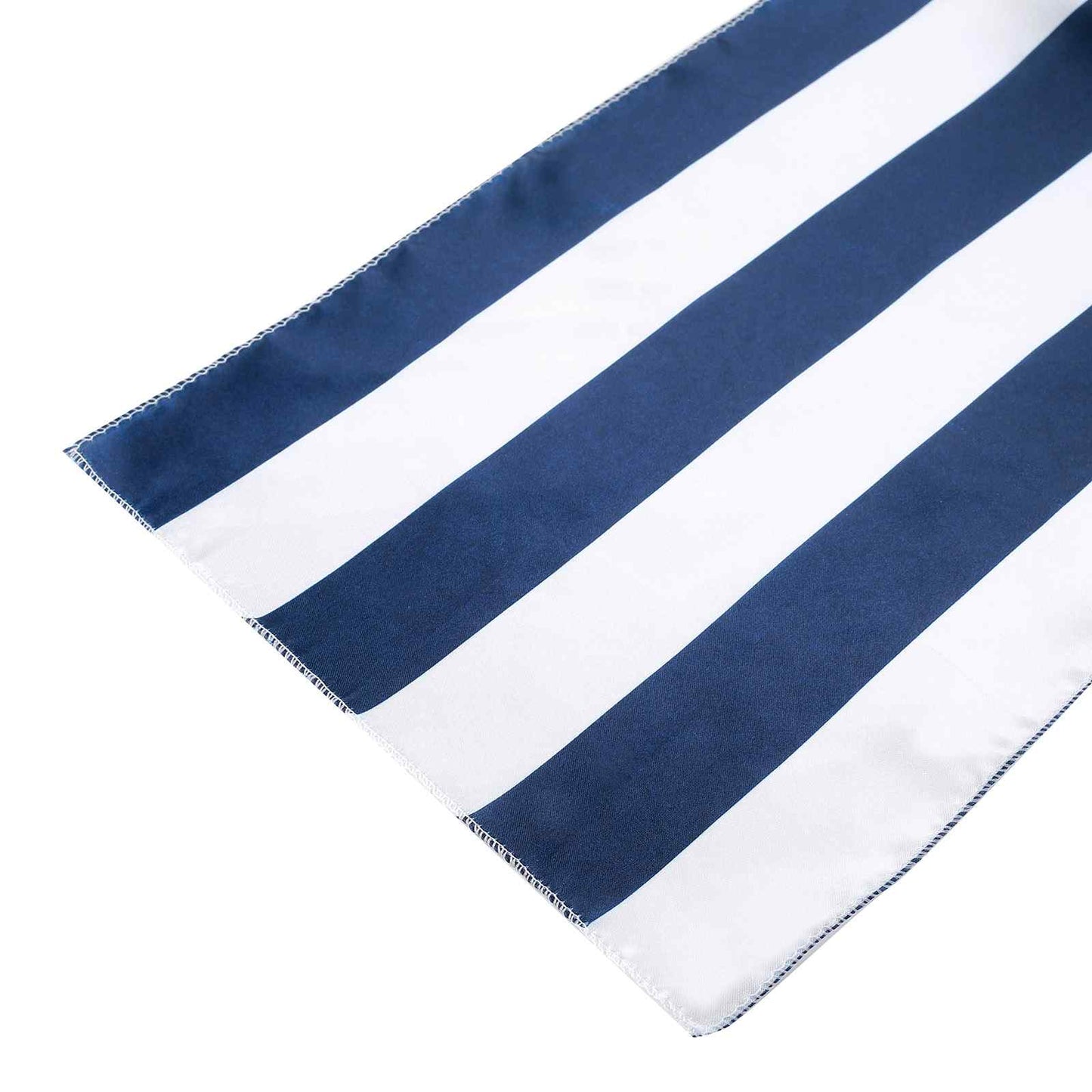 Navy and white stripe satin table runner on a white background.