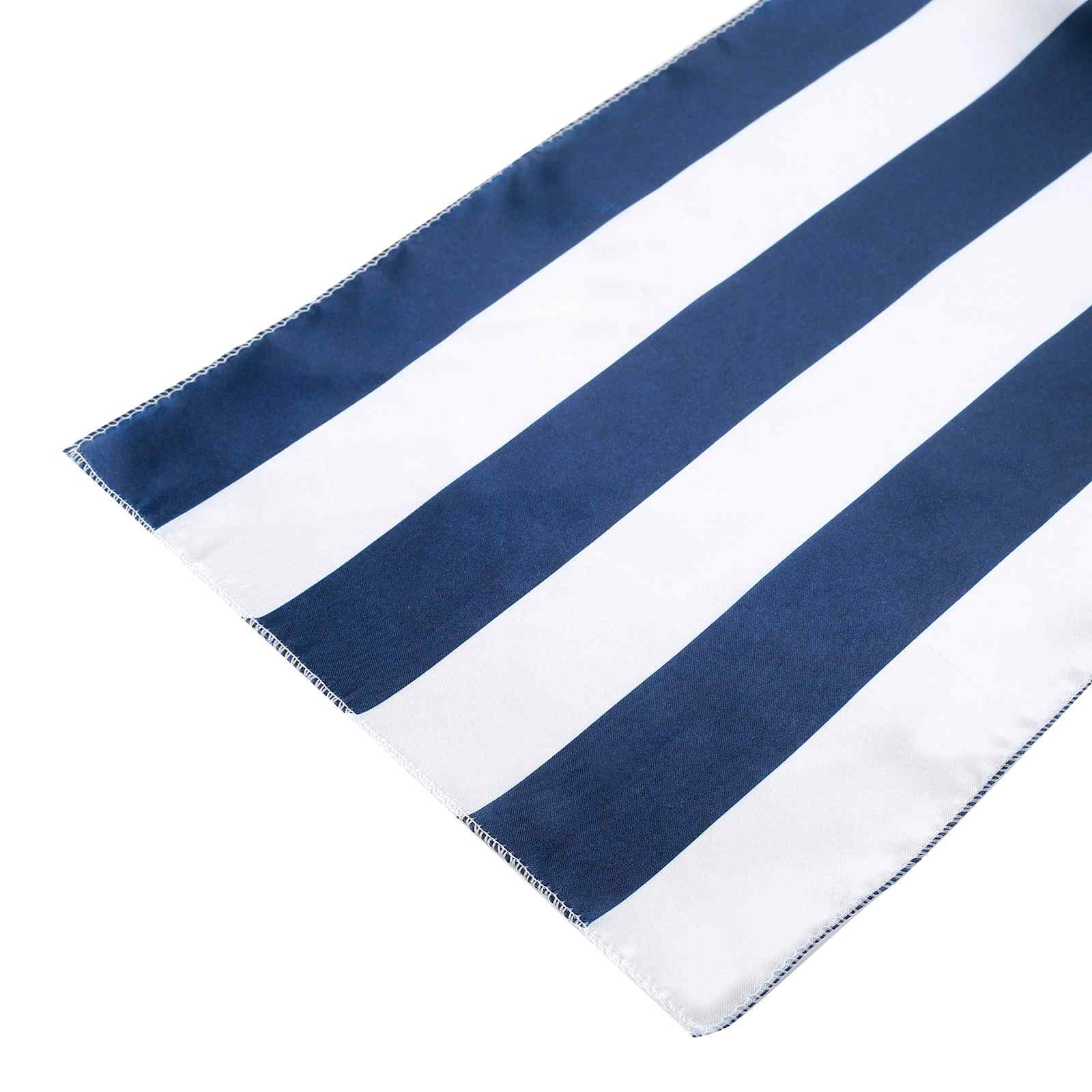 Navy and white stripe satin table runner on a white background.
