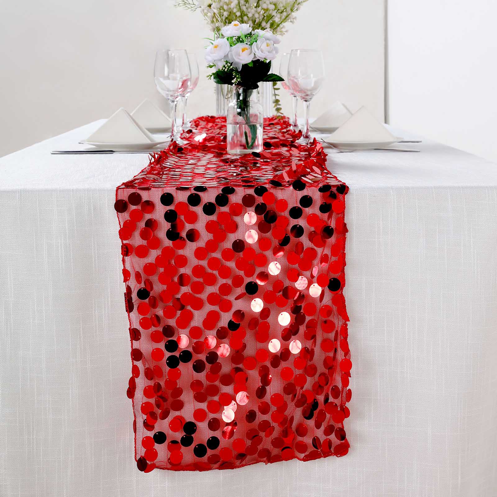 Red Big Payette Sequin Table Runner on a white table.
