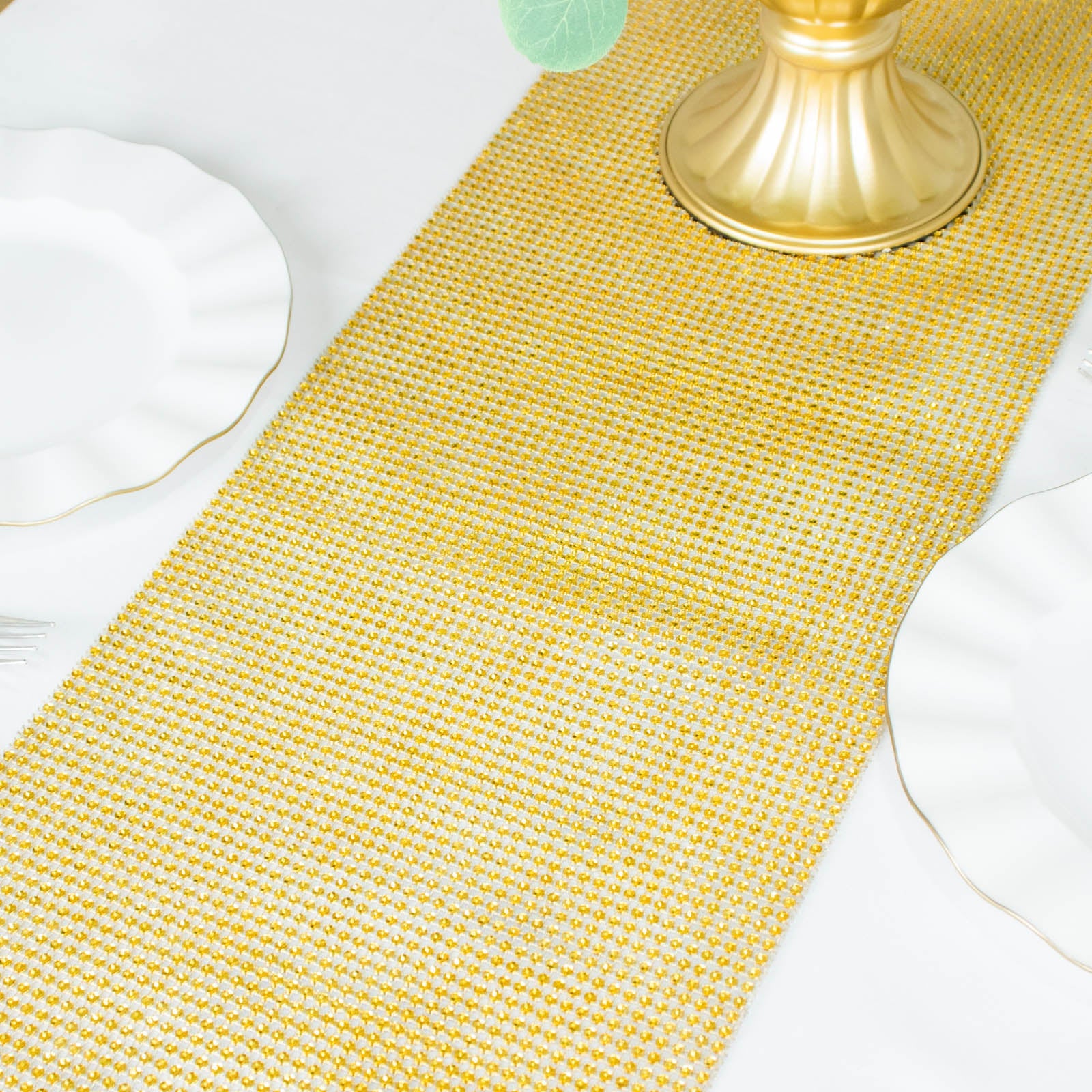10x108inch Shiny Gold Crystal Rhinestone DIY Table Runner, Diamond Mesh Ribbon Bling Roll