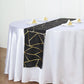 Black geometric pattern table runner with gold foil accents on a white table.