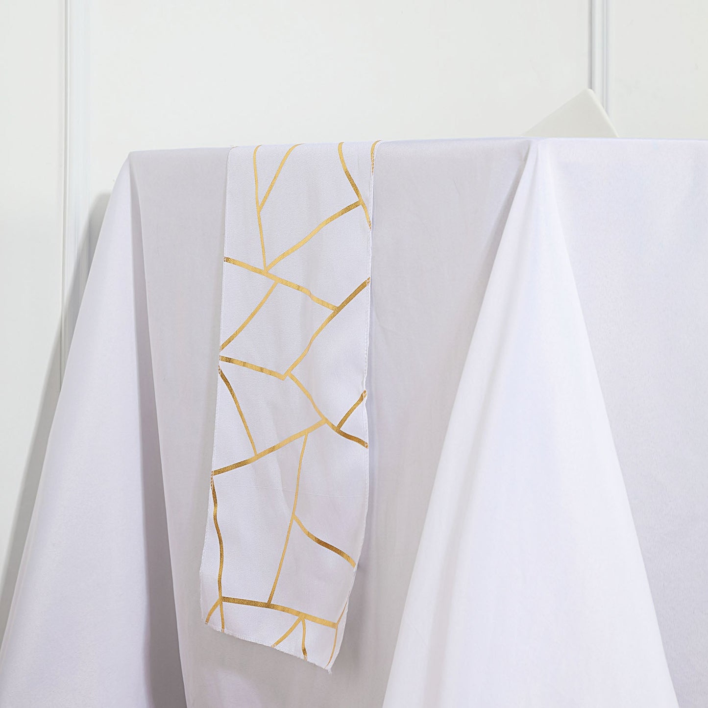 9ft white table runner with gold foil geometric pattern