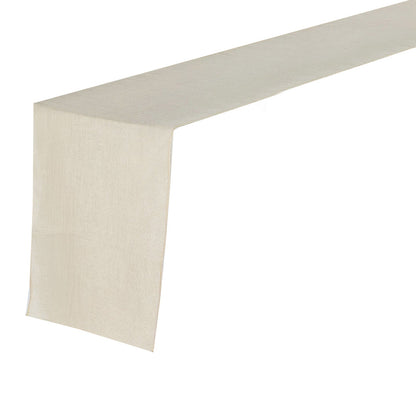 Beige linen table runner, 12"x108", wrinkle resistant with slubby texture.