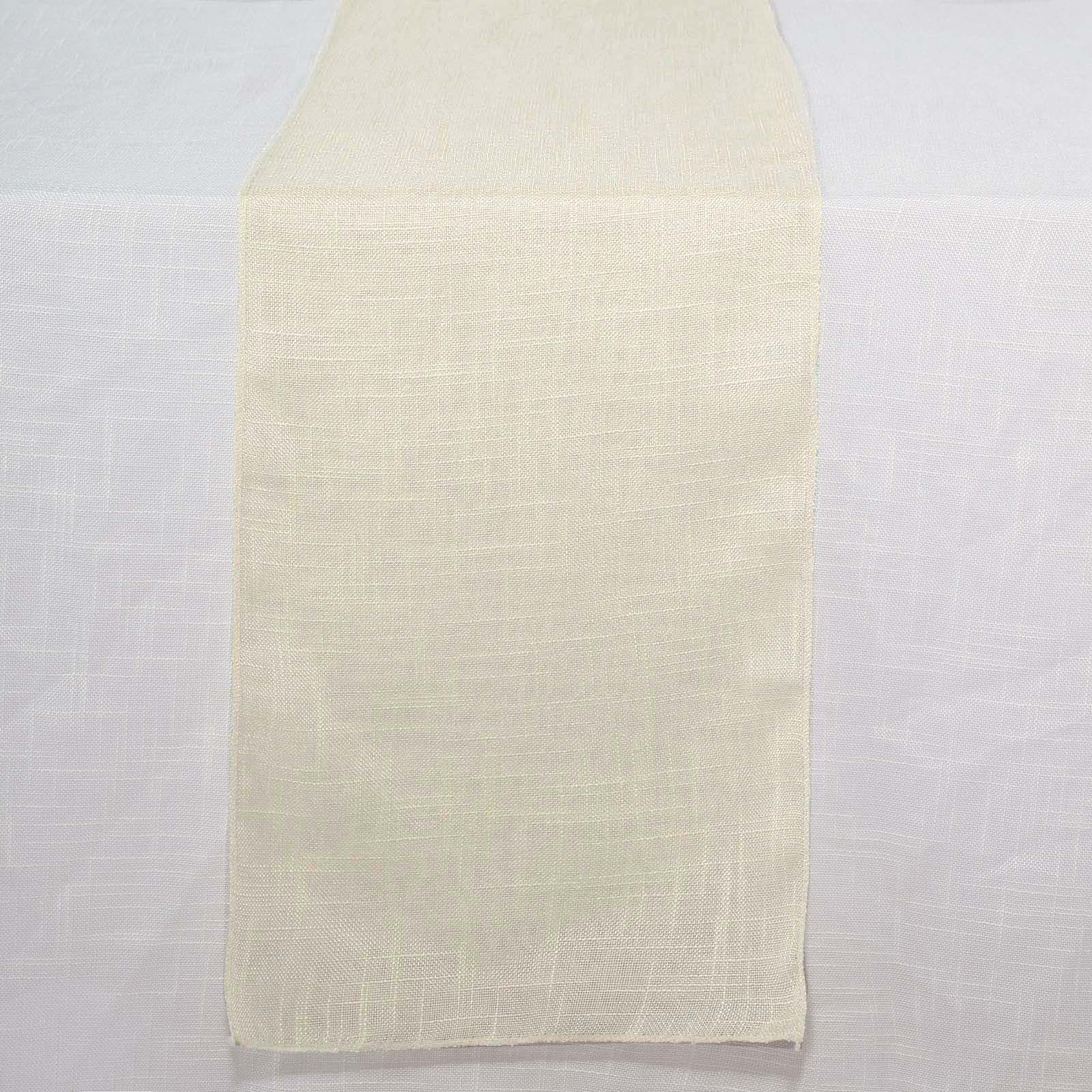 Ivory linen table runner with slubby texture, wrinkle resistant.