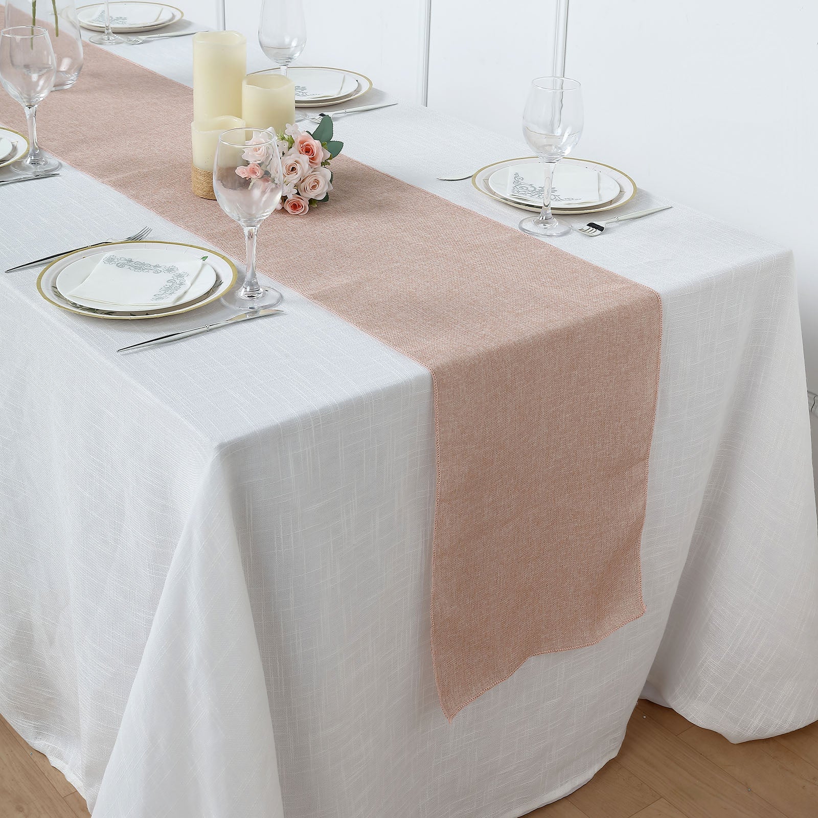 Dusty Rose 14 Inch x 108 Inch Rustic Boho Chic Faux Jute Linen Table Runner 