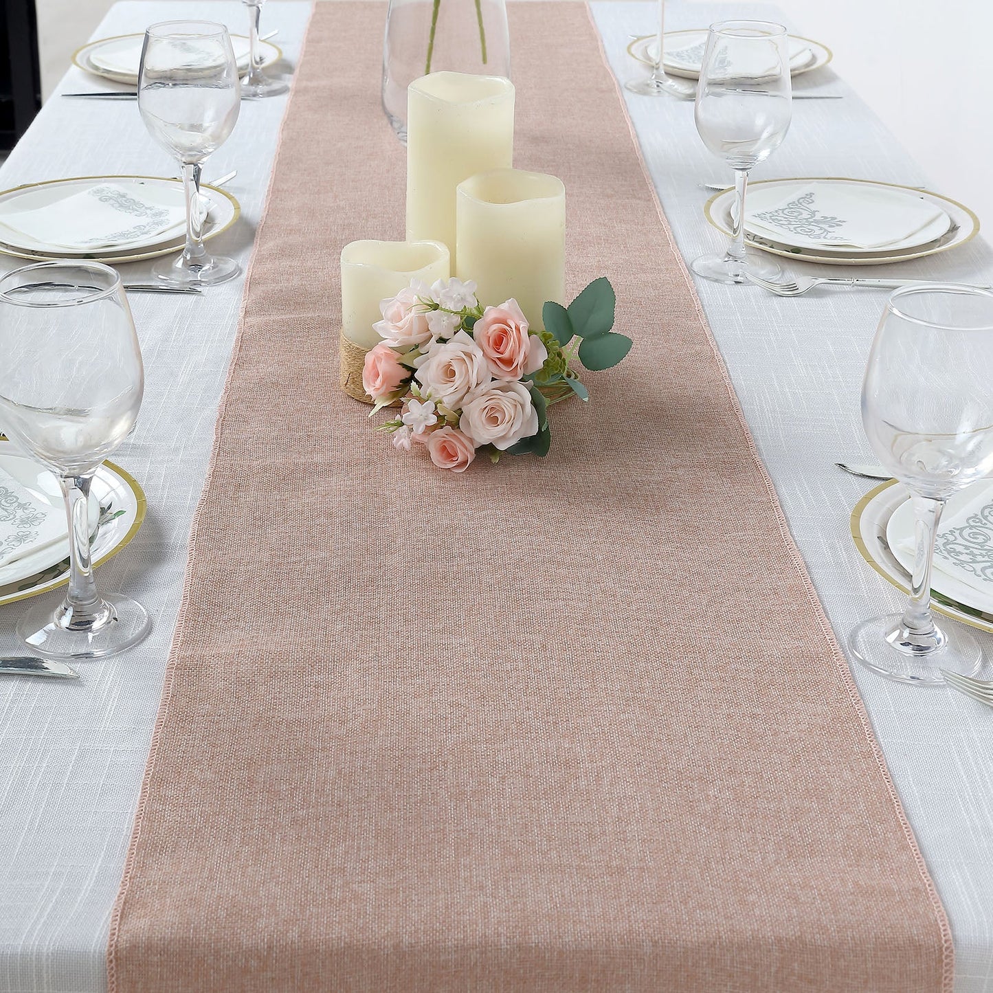 14"x108" Dusty Rose Boho Chic Rustic Faux Jute Linen Table Runner