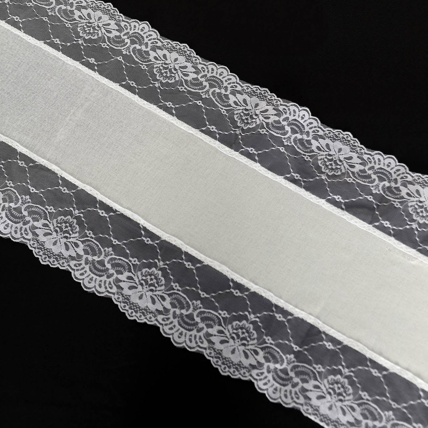 Ivory faux burlap table runner with white lace edging, rustic farmhouse decor.