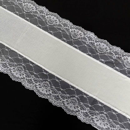 Ivory faux burlap table runner with white lace edging, rustic farmhouse decor.