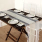 Ivory faux burlap jute table runner with white lace edging on a rustic table.