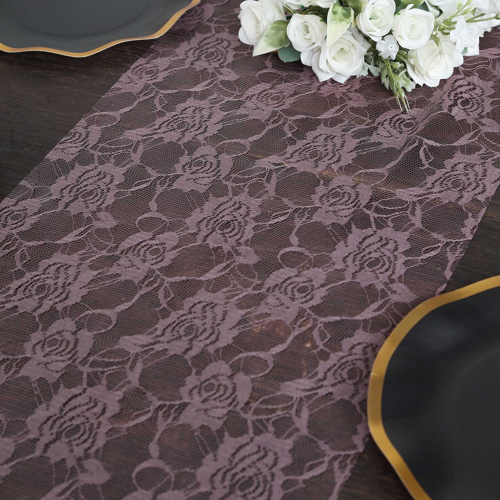 Violet amethyst floral lace table runner on a dark wood table.