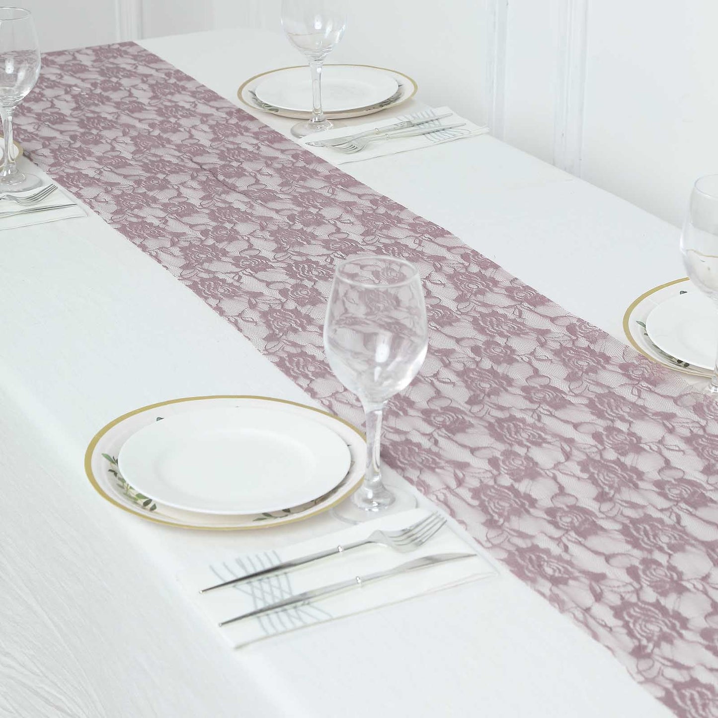 Violet amethyst floral lace table runner on a white table setting.