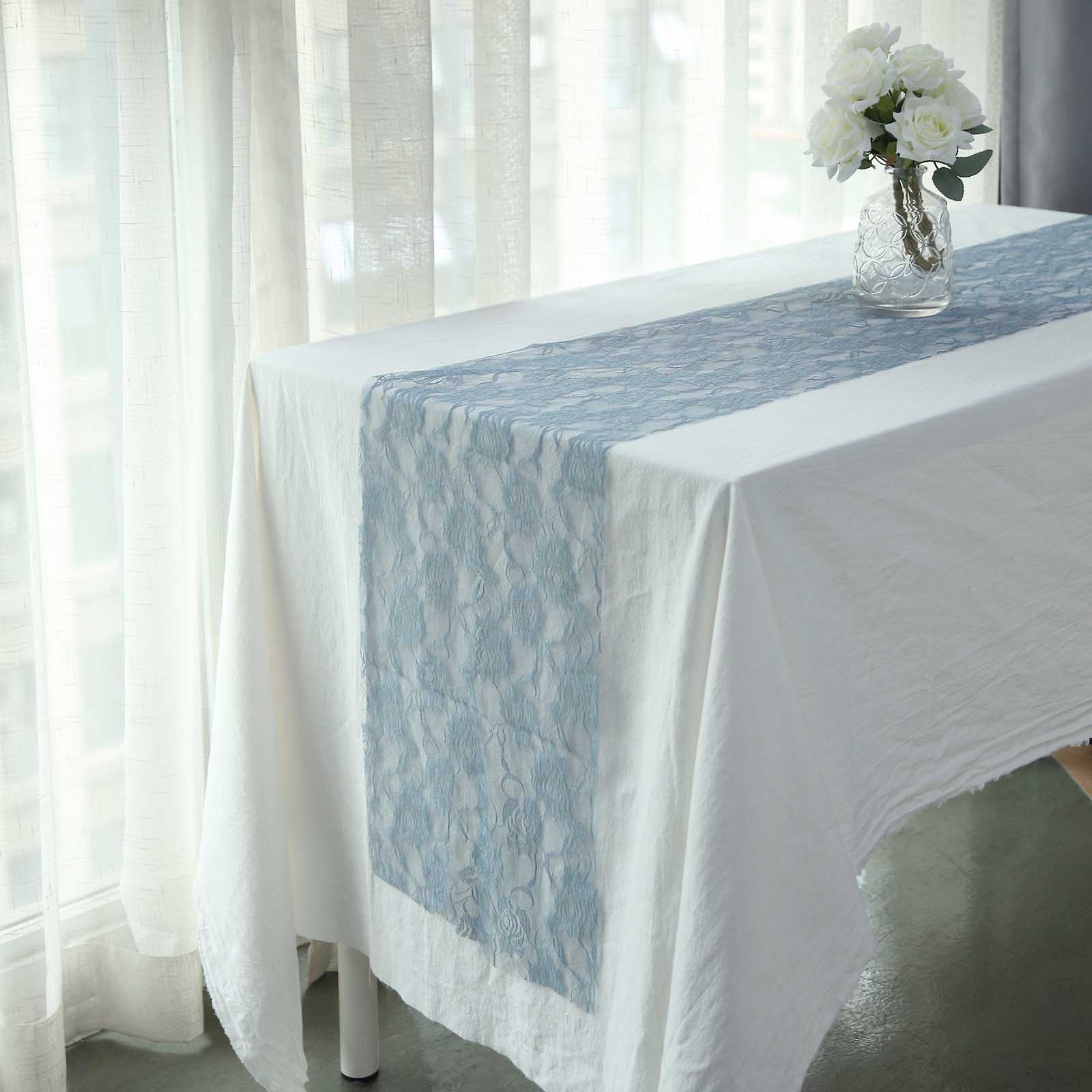 Dusty blue vintage rose lace table runner on a white table.