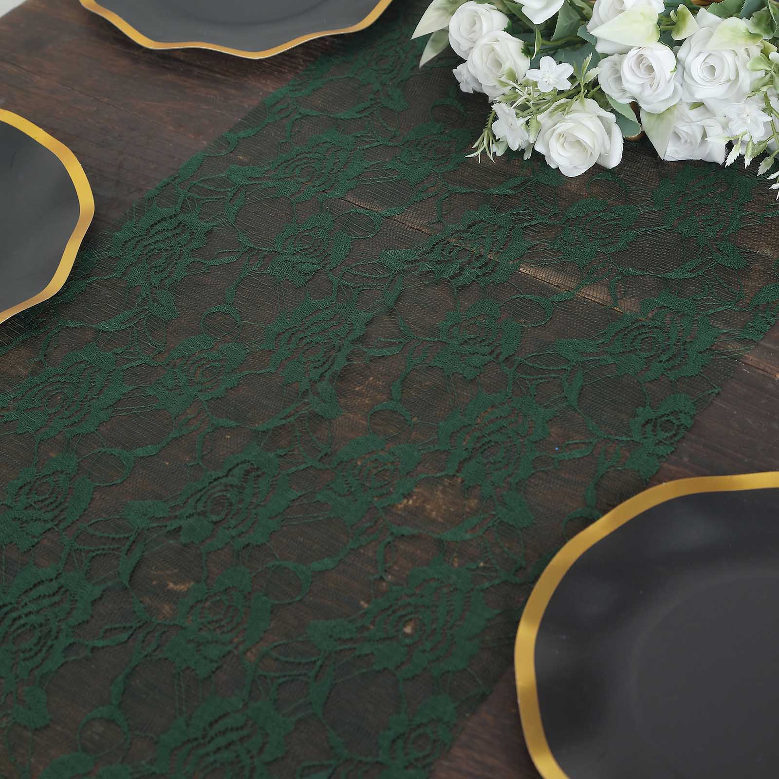 Hunter Emerald Green Lace Table Runner with Vintage Rose Design on Wood Table.