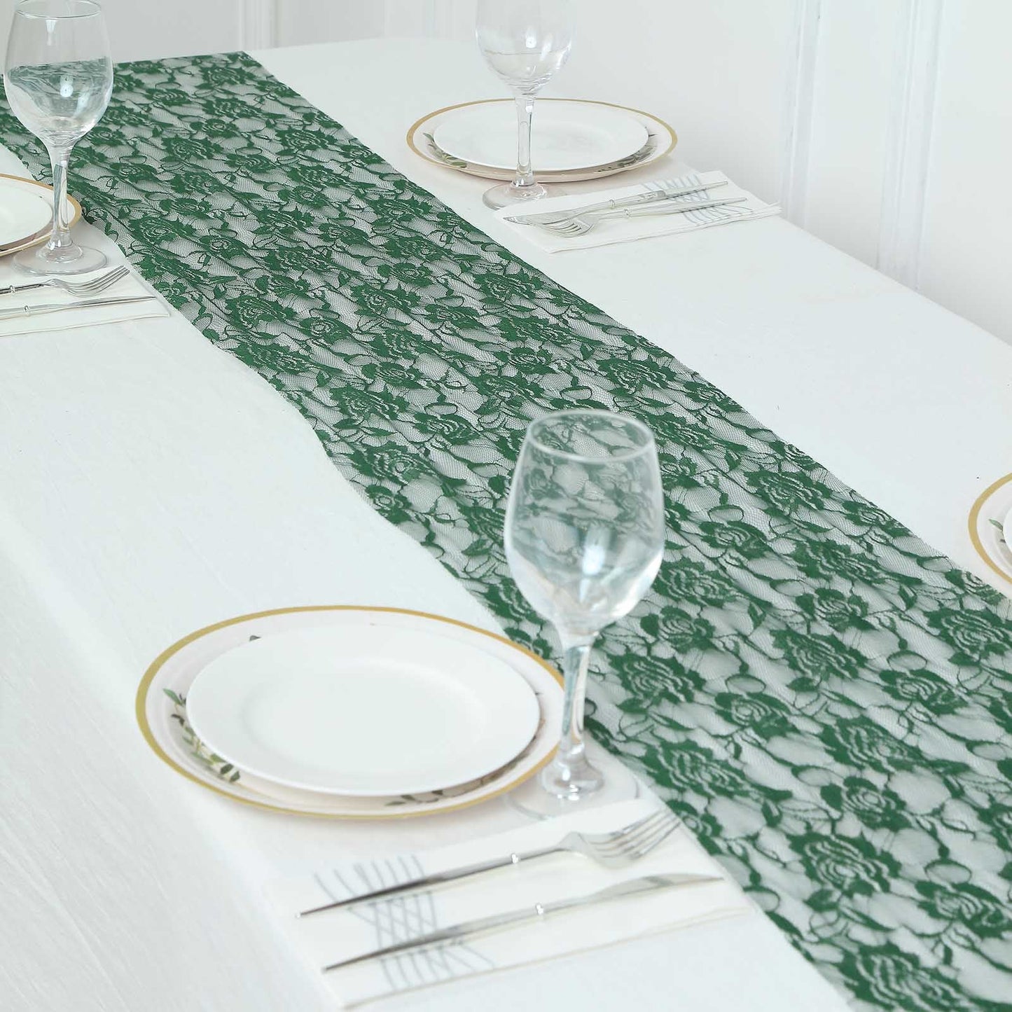 Hunter Emerald Green Lace Table Runner on a white table setting.