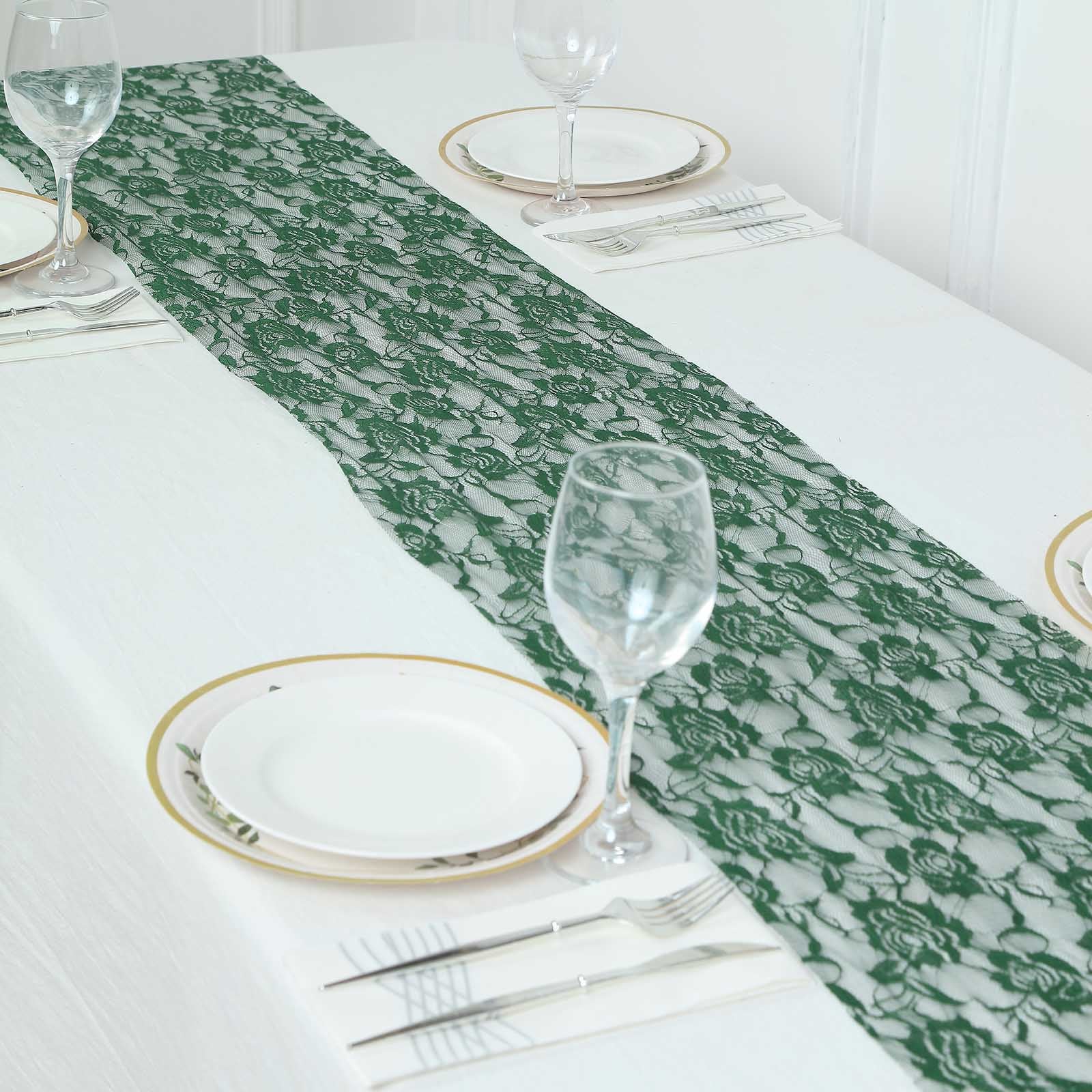 Hunter Emerald Green Lace Table Runner on a white table setting.