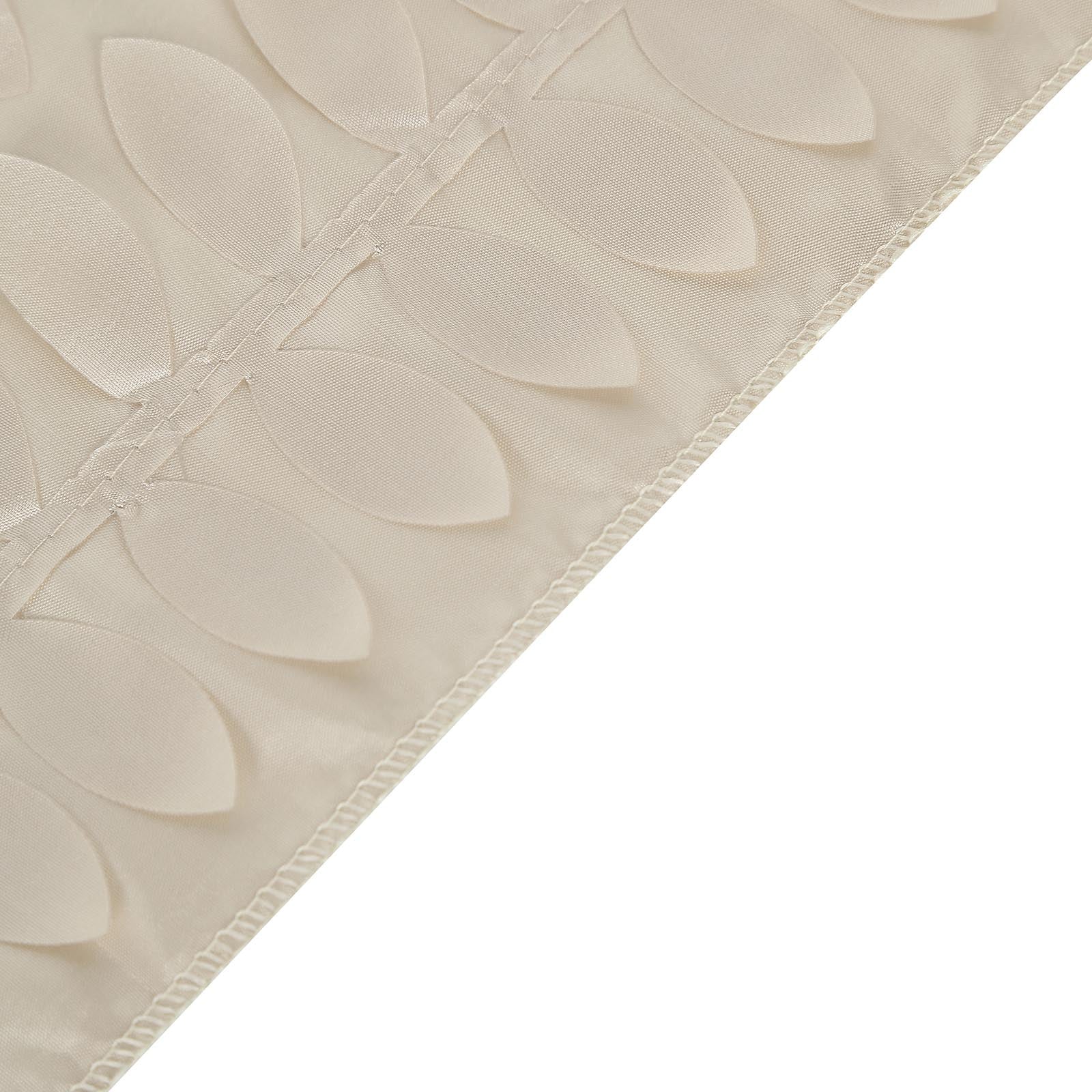 Beige 3D leaf petal taffeta fabric table runner on a white background. #whtbkgd