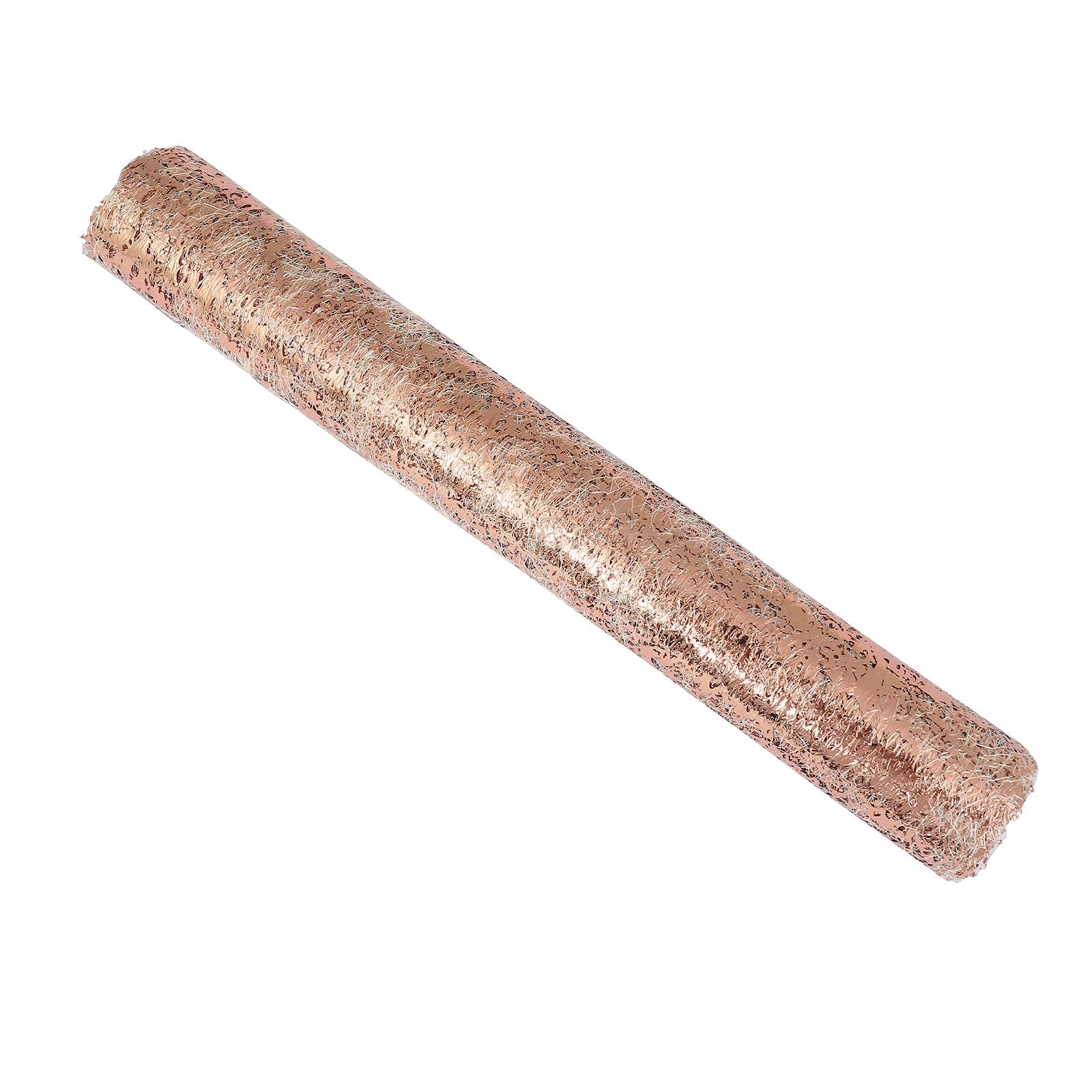 Metallic rose gold foil thin mesh polyester disposable table runner.