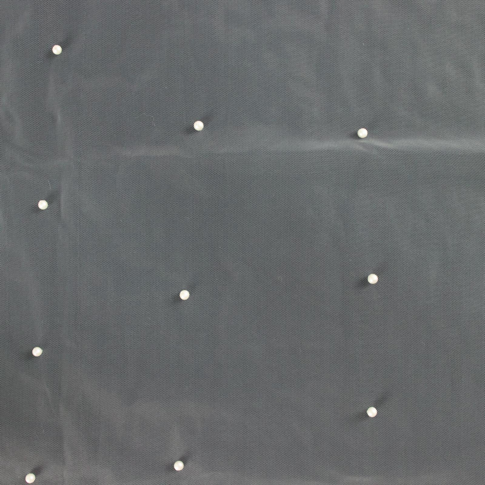 White pearl embellished sheer tulle table runner on a dark background.