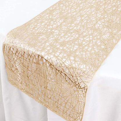 Metallic gold non-slip vinyl table runner on a white table.