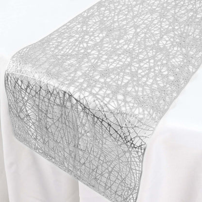 Metallic silver non-slip woven vinyl table runner on a white table.
