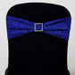 Royal Blue Metallic Shimmer Tinsel Spandex Chair Sash on a black chair.