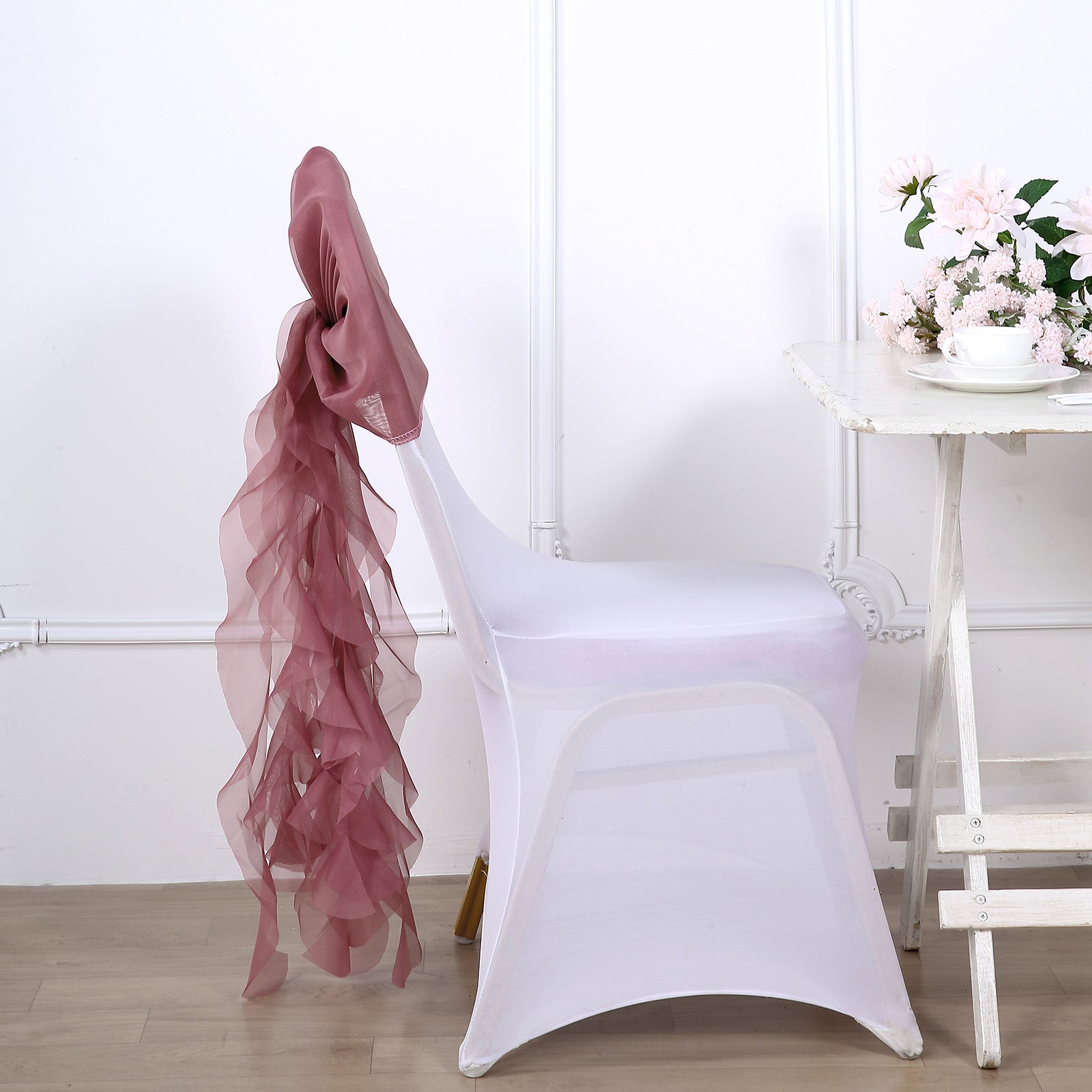Mauve and Cinnamon Rose Colored Chiffon Curly Chair Sash
