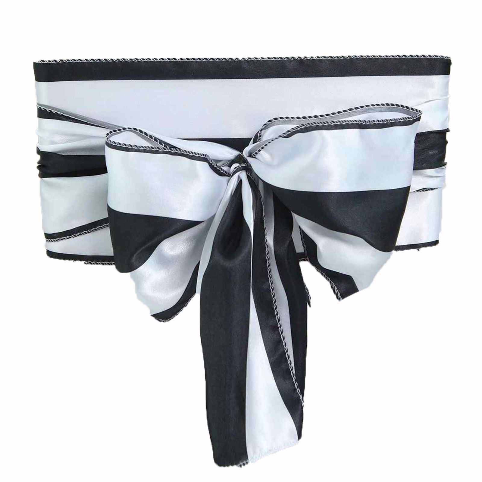 Black and white striped satin chair sash, 6"x108", perfect for elegant events. #whtbkgd