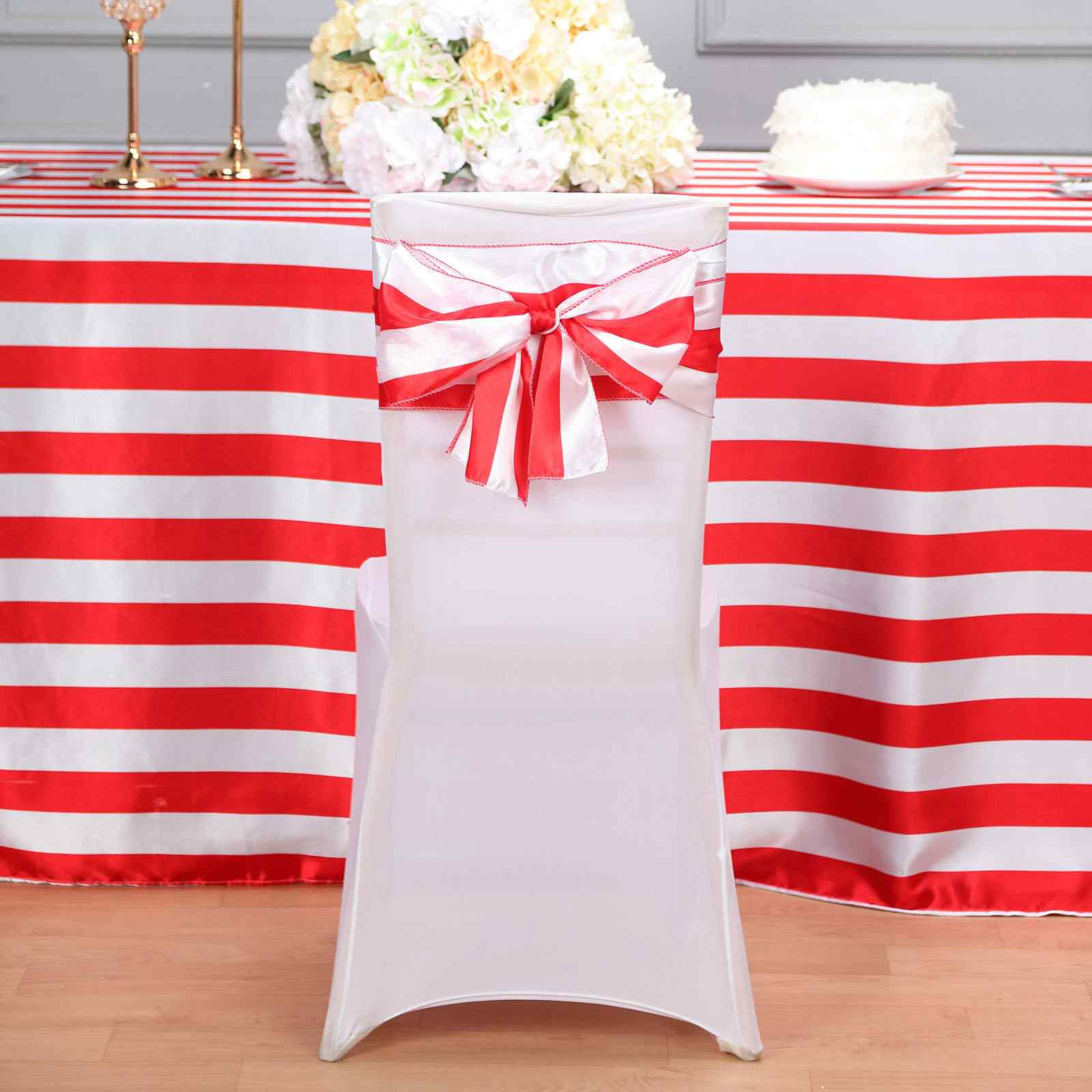 Red and white stripe satin chair sash, 6"x108", perfect for events.