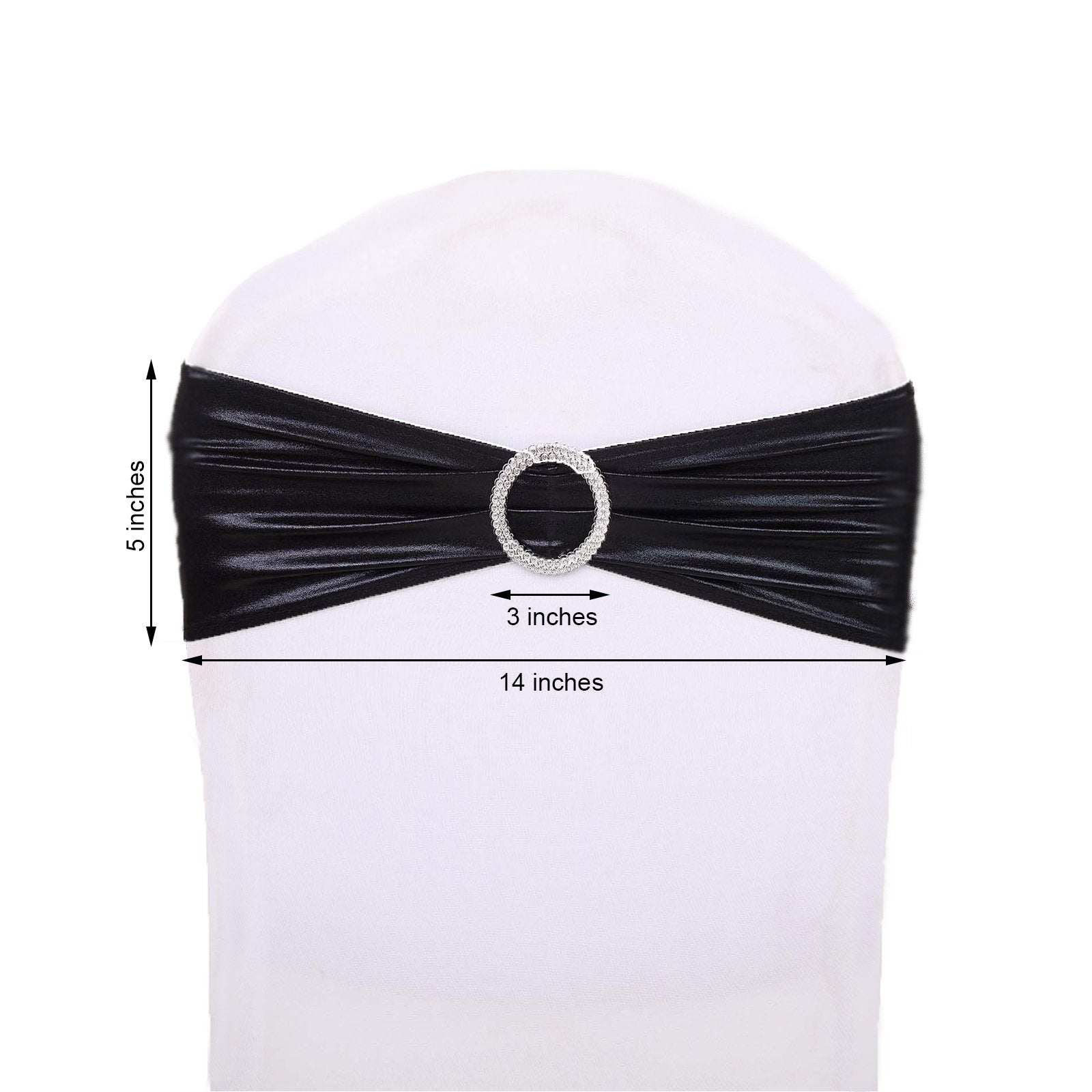 5 pack Metallic Black Spandex Chair Sashes With Attached Round Diamond Buckles